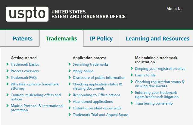 美国专利商标局网站截图