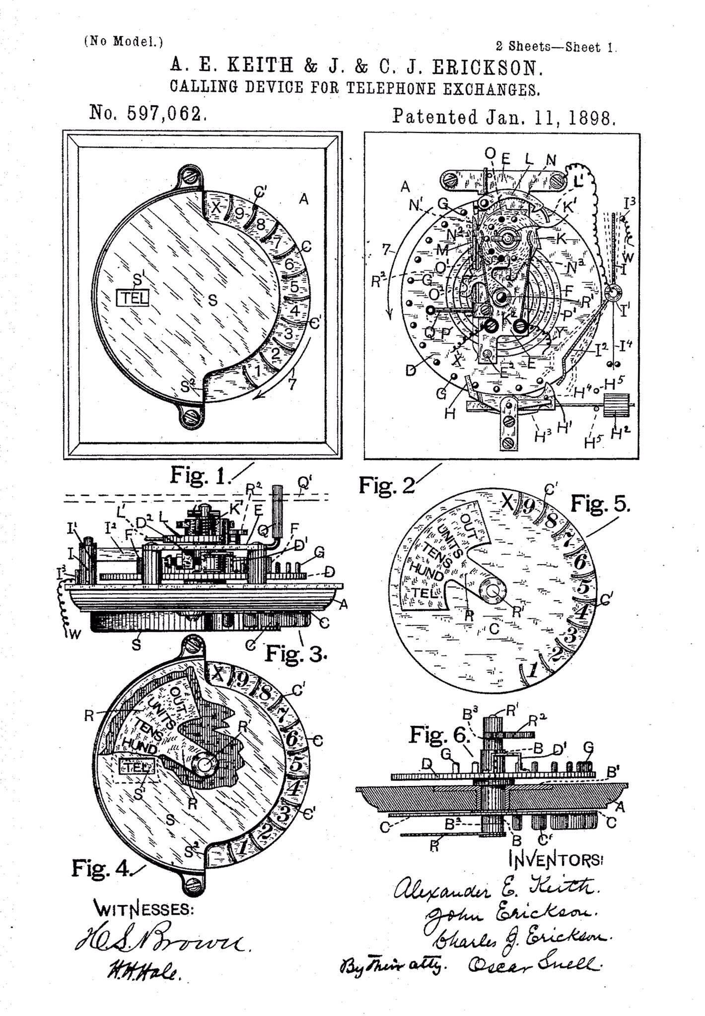 当电话刚发明的时候，需要联系接线员才能打电话。#1896年8月20日，John和Charles J. Erickson兄弟和Alexander E. Keith申请了旋转拨号电话的专利。1898年1月11日颁发专利。.jpg
